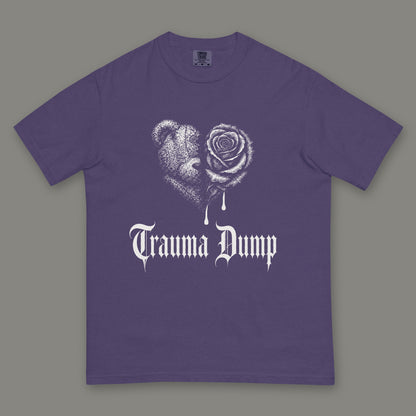 Trauma Dump Men's Heavyweight Tee in grape by Trauma Dump, dripping broken heart tattoo-style gothic graphic in white ink (Grape, white ink)