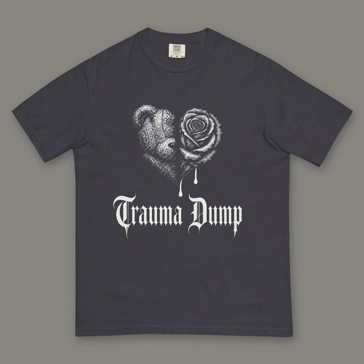 Trauma Dump Men's Heavyweight Tee in graphite by Trauma Dump, dripping broken heart tattoo-style gothic graphic in white ink (Graphite, white ink)