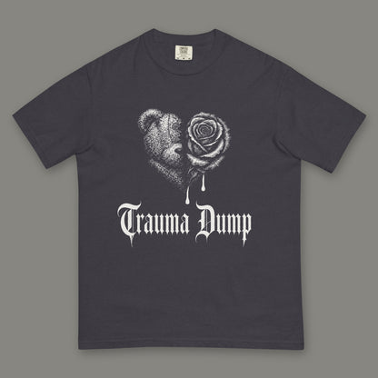 Trauma Dump Men's Heavyweight Tee in graphite by Trauma Dump, dripping broken heart tattoo-style gothic graphic in white ink (Graphite, white ink)