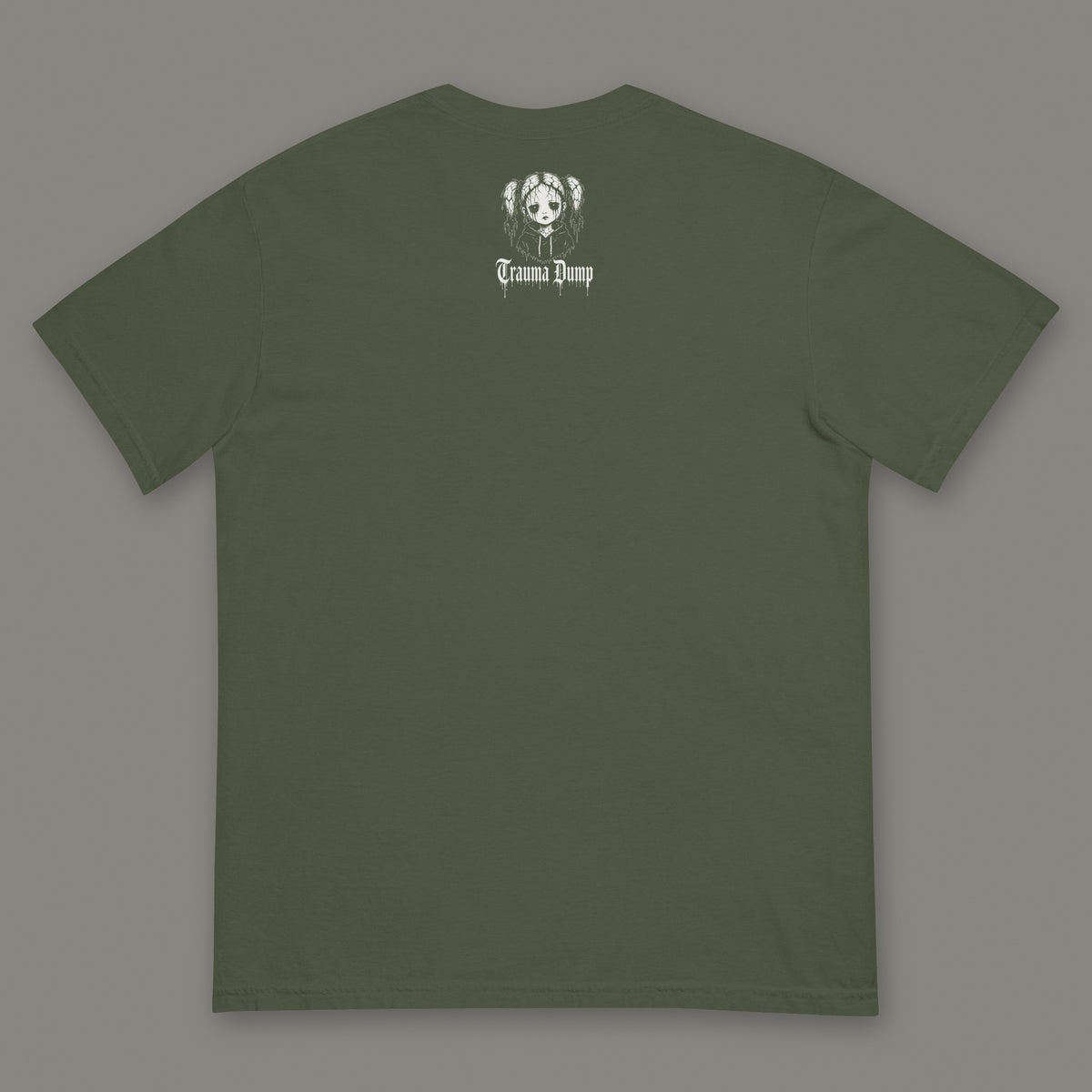 Trauma Dump Men's Heavyweight Tee in moss by Trauma Dump, men's heavyweight tee goth tee back view with TD doll logo under the collar in white ink (Moss, White ink)