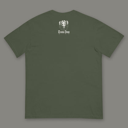 Trauma Dump Men's Heavyweight Tee in moss by Trauma Dump, men's heavyweight tee goth tee back view with TD doll logo under the collar in white ink (Moss, White ink)