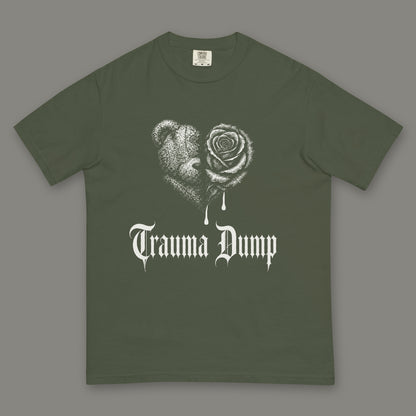 Trauma Dump Men's Heavyweight Tee in moss by Trauma Dump, dripping broken heart tattoo-style gothic graphic in white ink (Moss, white ink)