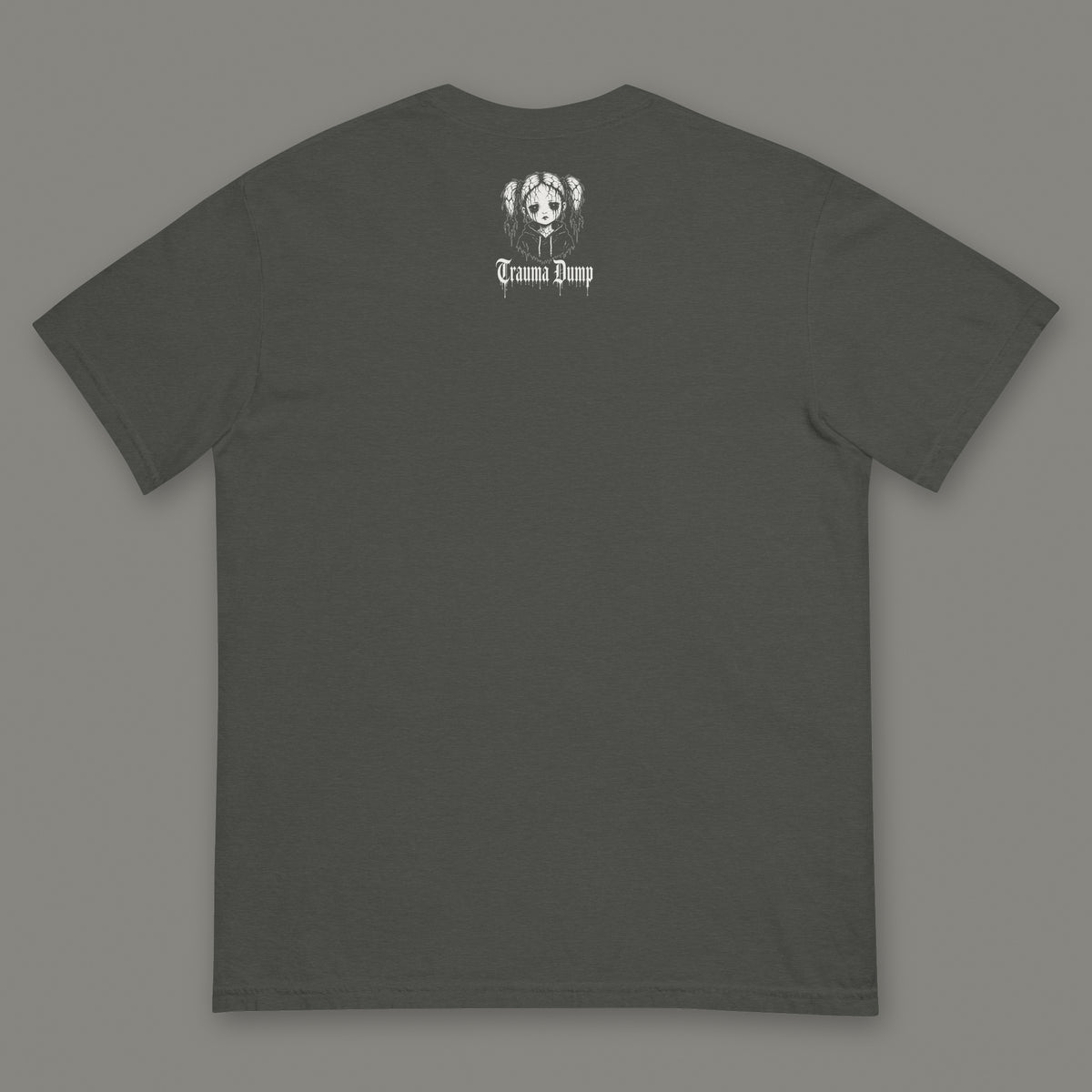 Trauma Dump Men's Heavyweight Tee in pepper by Trauma Dump, men's heavyweight tee goth tee back view with TD doll logo under the collar in white ink (Pepper, White ink)