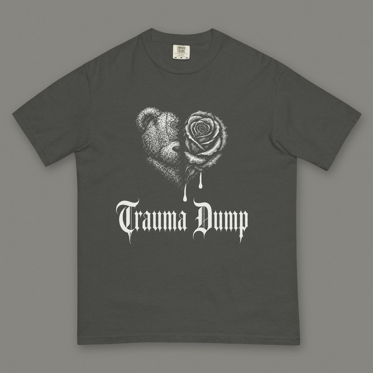 Trauma Dump Men's Heavyweight Tee in pepper by Trauma Dump, dripping broken heart tattoo-style gothic graphic in white ink (Pepper, white ink)