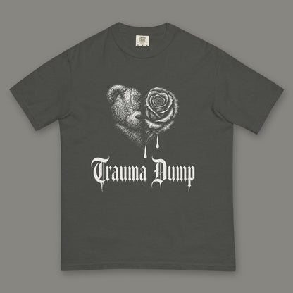 Trauma Dump Men's Heavyweight Tee in pepper by Trauma Dump, dripping broken heart tattoo-style gothic graphic in white ink (Pepper, white ink)
