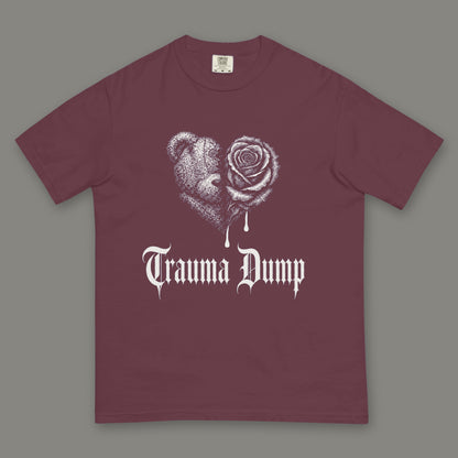 Trauma Dump Men's Heavyweight Tee in wine by Trauma Dump, dripping broken heart tattoo-style gothic graphic in white ink (Wine, white ink)