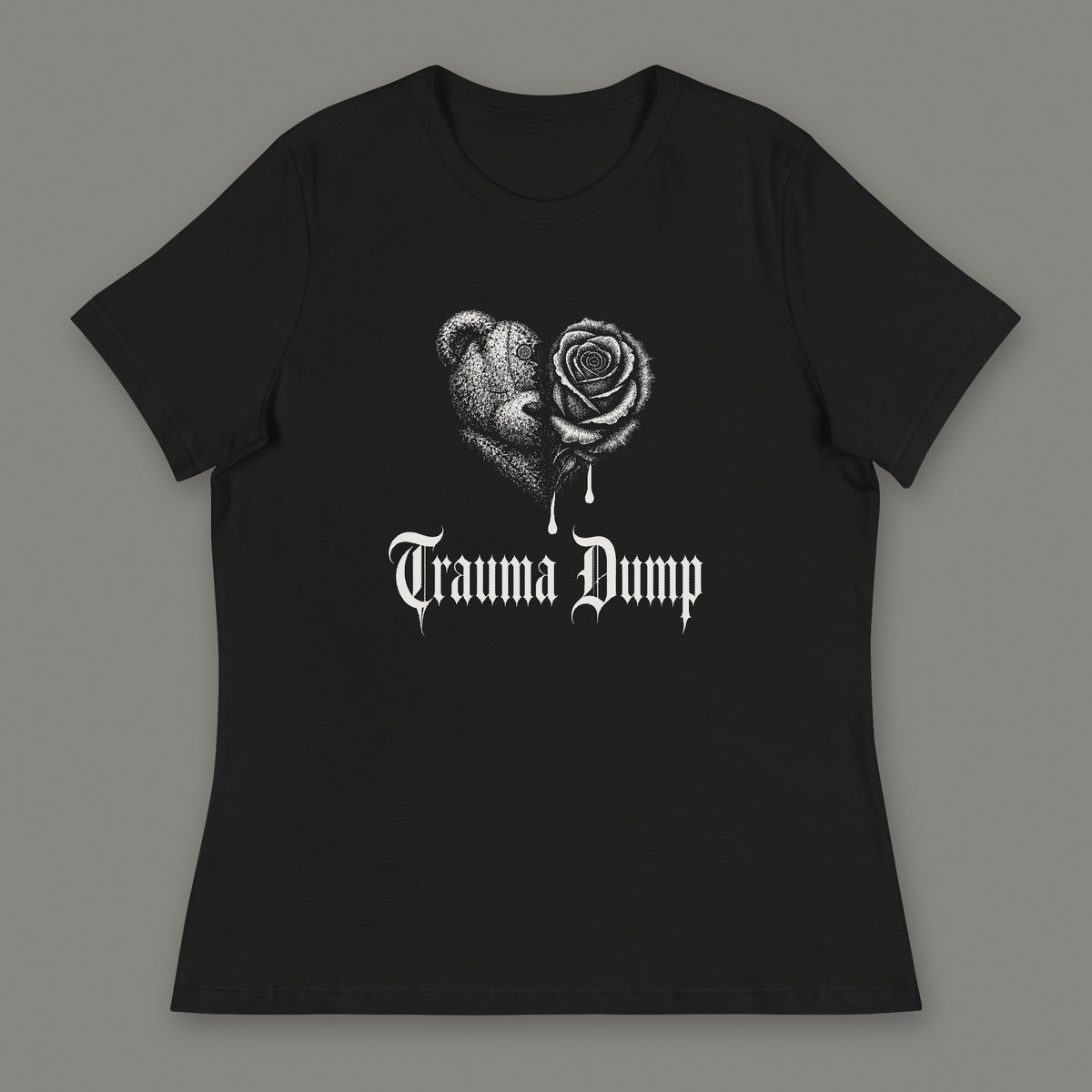 Trauma Dump Women's Relaxed Tee in black by Trauma Dump, dripping broken heart tattoo-style gothic graphic in white ink (Black, white ink)
