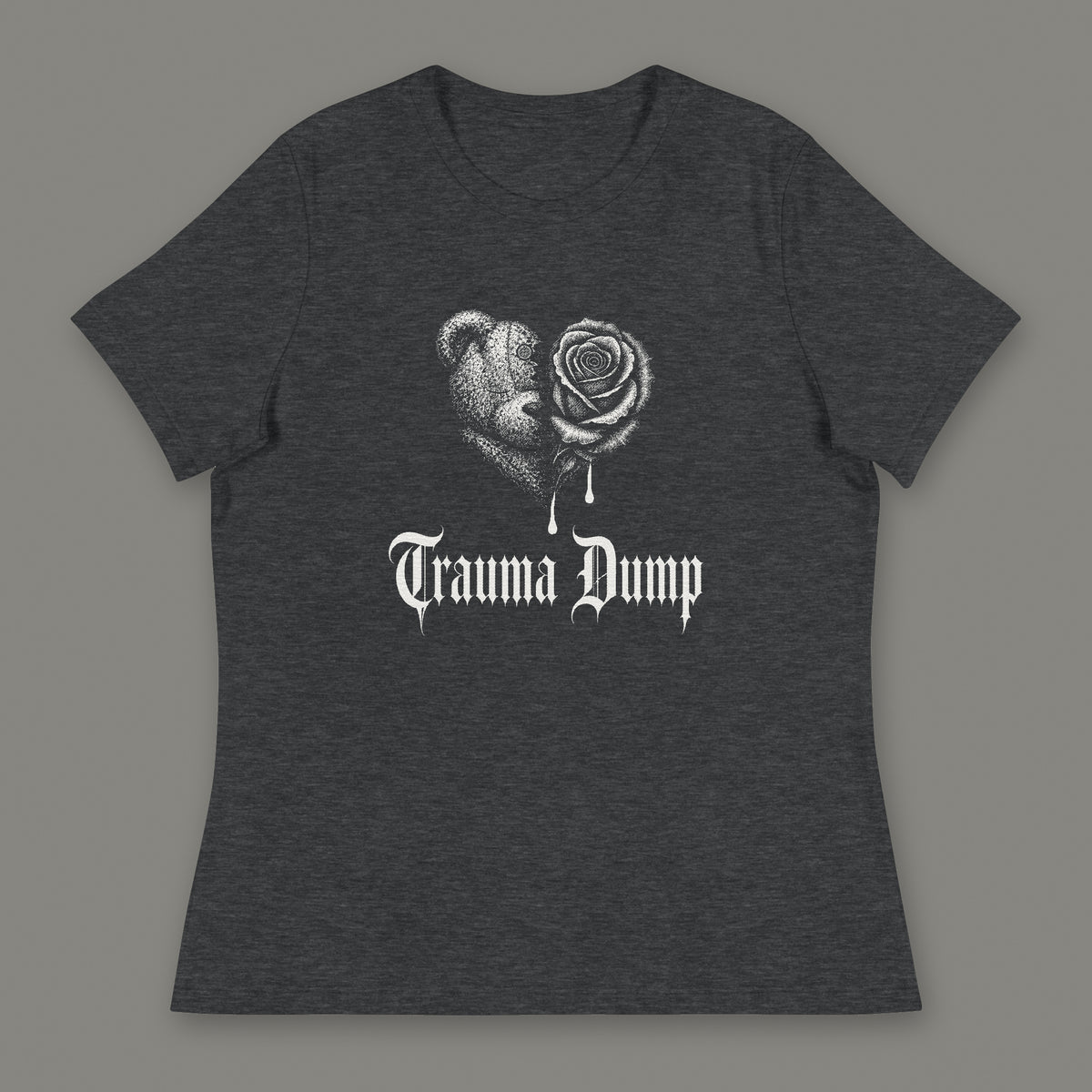 Trauma Dump Women's Relaxed Tee in dark grey heather by Trauma Dump, dripping broken heart tattoo-style gothic graphic in white ink (Dark Grey Heather, white ink)