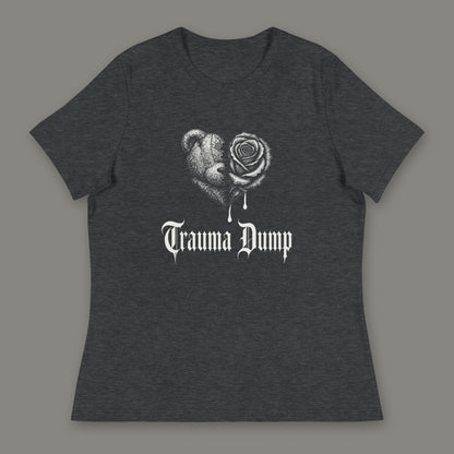 Trauma Dump Women's Relaxed Tee in dark grey heather by Trauma Dump, dripping broken heart tattoo-style gothic graphic in white ink (Dark Grey Heather, white ink)