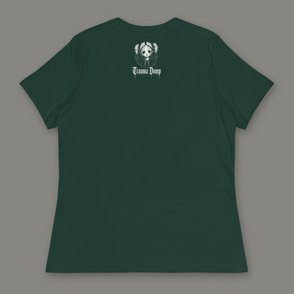 Trauma Dump Women's Relaxed Tee in forest green by Trauma Dump, women's relaxed tee goth tee back view with TD doll logo under the collar in white ink (Forest Green, White ink)
