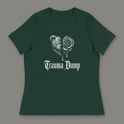 Trauma Dump Women's Relaxed Tee in forest green by Trauma Dump, dripping broken heart tattoo-style gothic graphic in white ink (Forest Green, white ink)