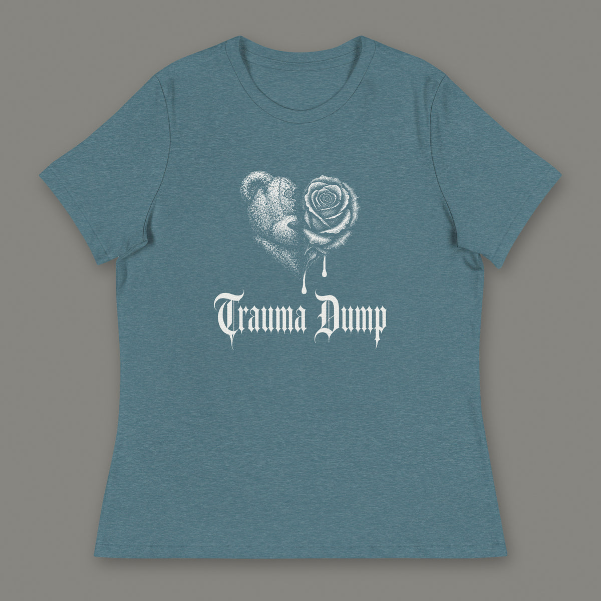 Trauma Dump Women's Relaxed Tee in heather deep teal by Trauma Dump, dripping broken heart tattoo-style gothic graphic in white ink (Heather Deep Teal, white ink)