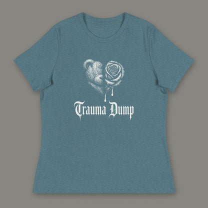 Trauma Dump Women's Relaxed Tee in heather deep teal by Trauma Dump, dripping broken heart tattoo-style gothic graphic in white ink (Heather Deep Teal, white ink)
