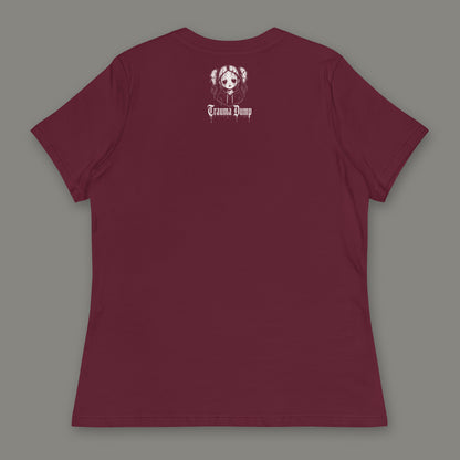 Trauma Dump Women's Relaxed Tee in maroon by Trauma Dump, women's relaxed tee goth tee back view with TD doll logo under the collar in white ink (Maroon, White ink)