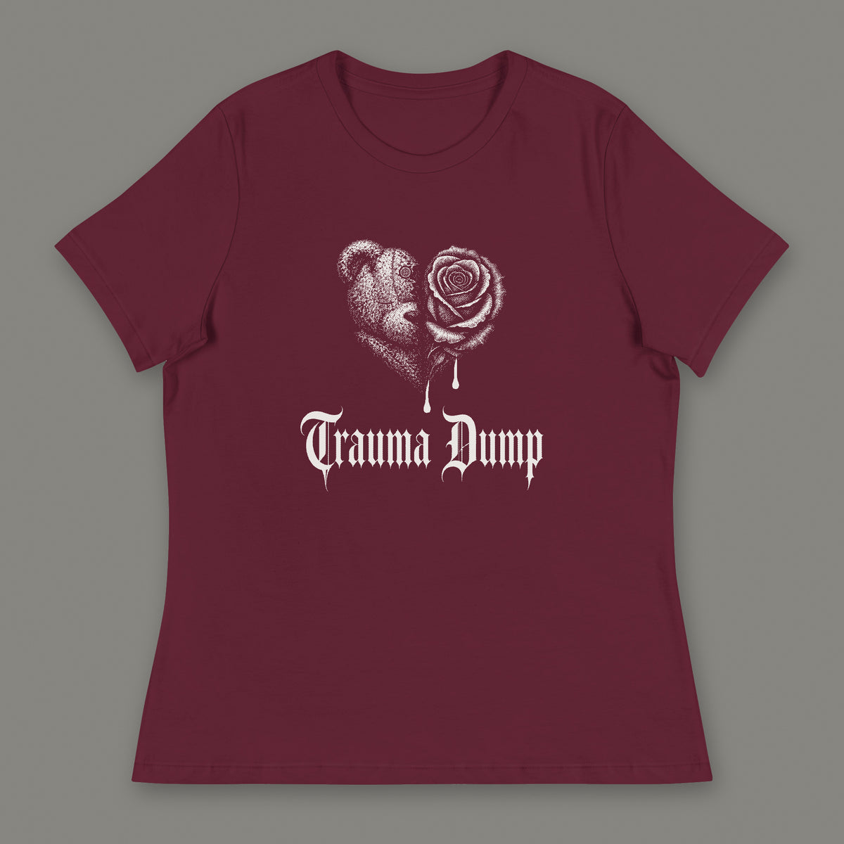 Trauma Dump Women's Relaxed Tee in maroon by Trauma Dump, dripping broken heart tattoo-style gothic graphic in white ink (Maroon, white ink)
