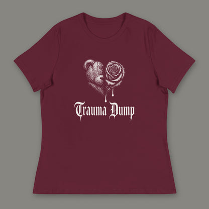 Trauma Dump Women's Relaxed Tee in maroon by Trauma Dump, dripping broken heart tattoo-style gothic graphic in white ink (Maroon, white ink)