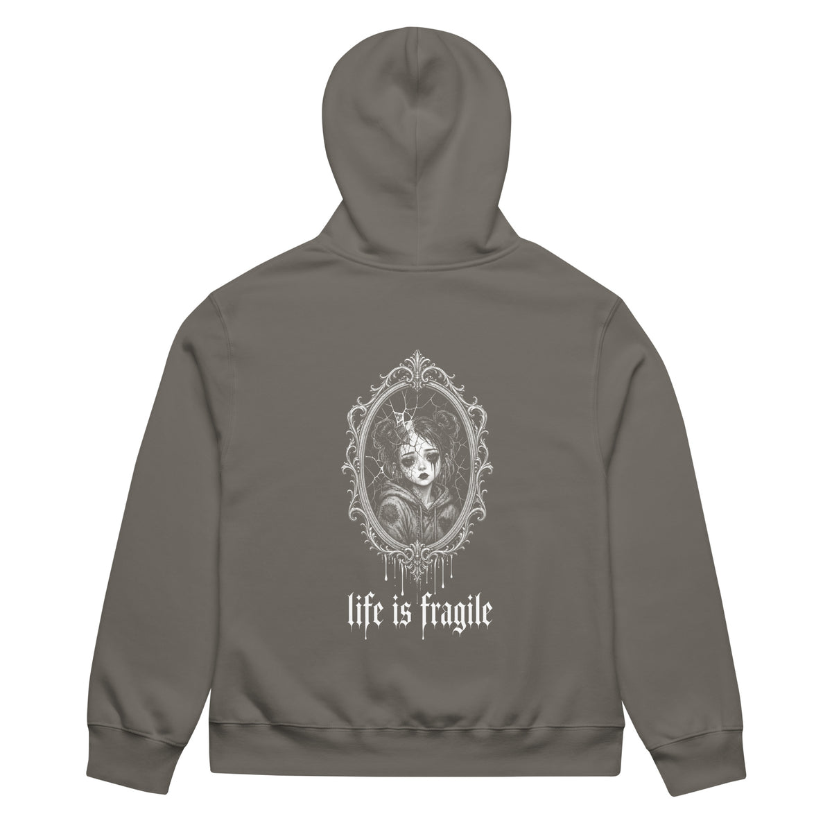 Life is Fragile Oversized Heavyweight Hoodie by Trauma Dump, oversized goth hoodie with cracked-mirror print, mockup view 4 (Asphalt, white ink)