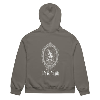 Life is Fragile Oversized Heavyweight Hoodie by Trauma Dump, oversized goth hoodie with cracked-mirror print, mockup view 4 (Asphalt, white ink)