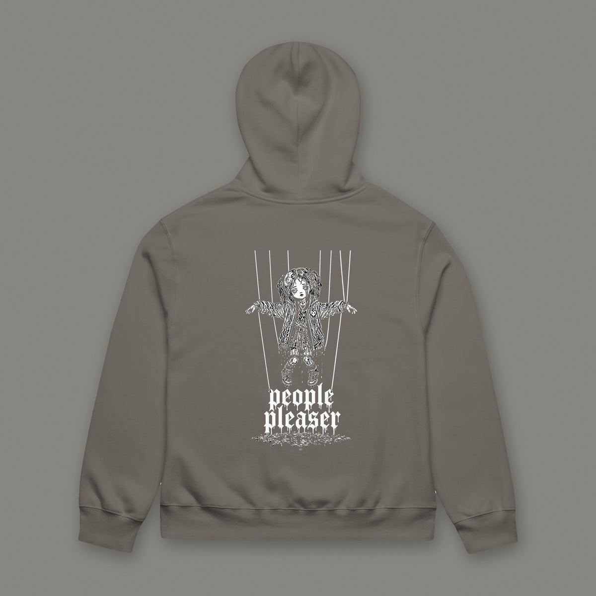 People Pleaser Oversized Heavyweight Hoodie by Trauma Dump, oversized goth hoodie with cut-strings marionette print, mockup view 4 (Asphalt, white ink)