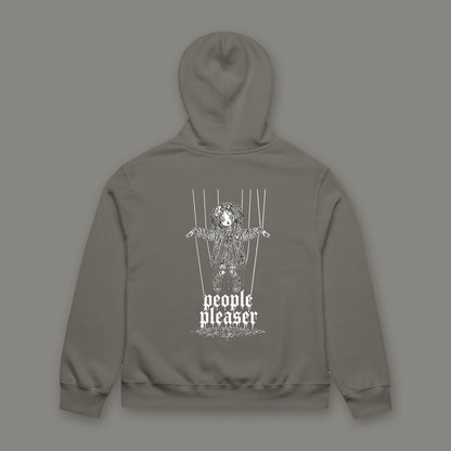 People Pleaser Oversized Heavyweight Hoodie by Trauma Dump, oversized goth hoodie with cut-strings marionette print, mockup view 4 (Asphalt, white ink)