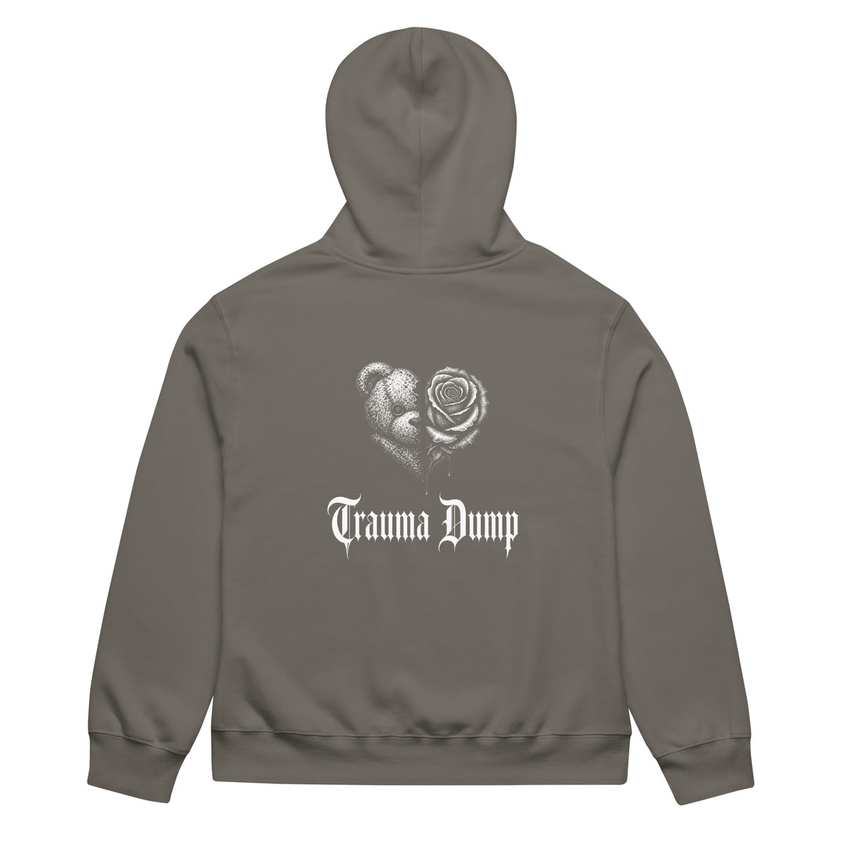 Trauma Dump Oversized Heavyweight Hoodie by Trauma Dump, oversized goth hoodie with broken heart print, mockup view 3 (Asphalt, white ink)