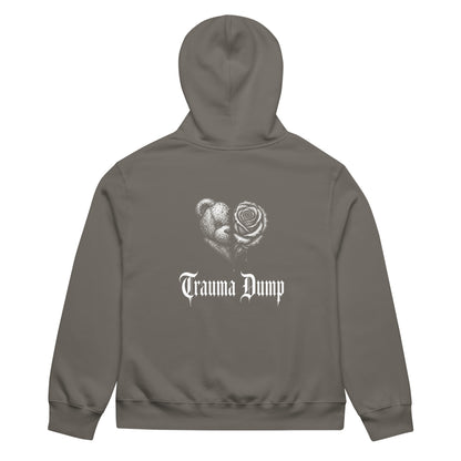 Trauma Dump Oversized Heavyweight Hoodie by Trauma Dump, oversized goth hoodie with broken heart print, mockup view 3 (Asphalt, white ink)