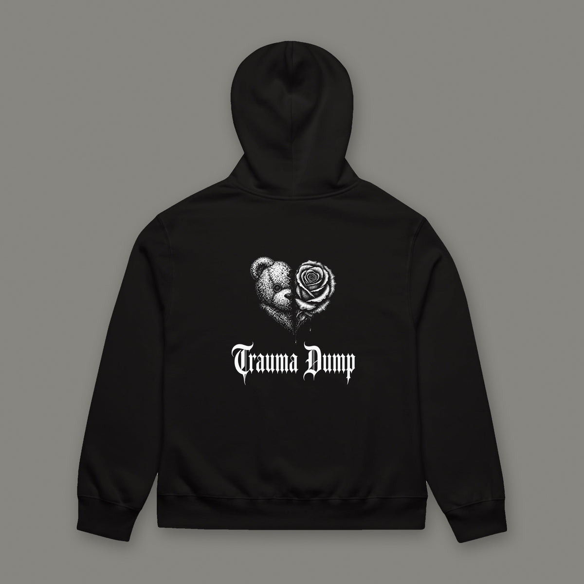 Trauma Dump Oversized Heavyweight Hoodie by Trauma Dump, oversized goth hoodie with broken heart print, mockup view 5 (Black, white ink)