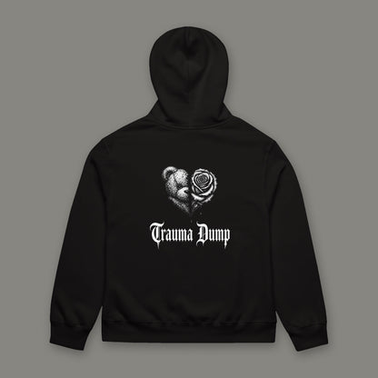 Trauma Dump Oversized Heavyweight Hoodie by Trauma Dump, oversized goth hoodie with broken heart print, mockup view 5 (Black, white ink)