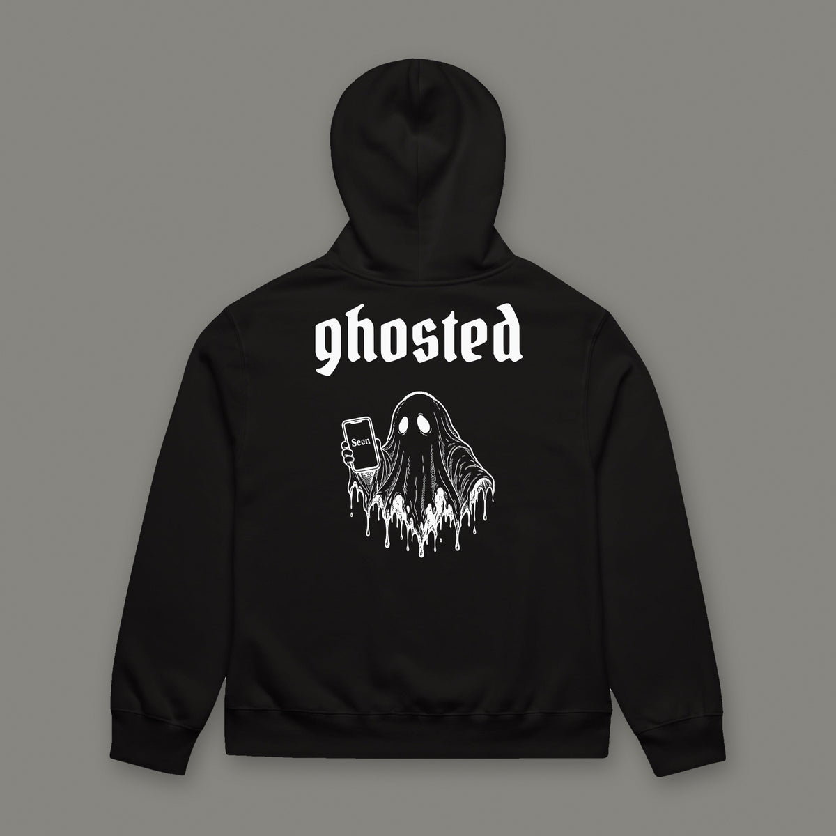 Ghosted Oversized Heavyweight Hoodie by Trauma Dump, oversized goth hoodie with ghost holding a phone print, mockup view 3 (Black, white ink)
