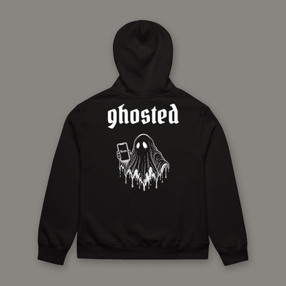 Ghosted Oversized Heavyweight Hoodie by Trauma Dump, oversized goth hoodie with ghost holding a phone print, mockup view 3 (Black, white ink)