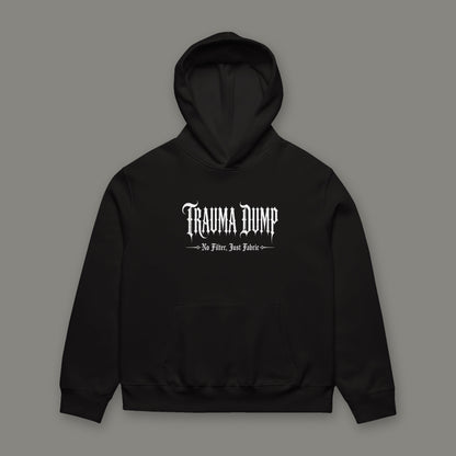 People Pleaser Oversized Heavyweight Hoodie by Trauma Dump, oversized black goth hoodie front with Trauma Dump gothic logo, mockup view 7 (Black, white ink)