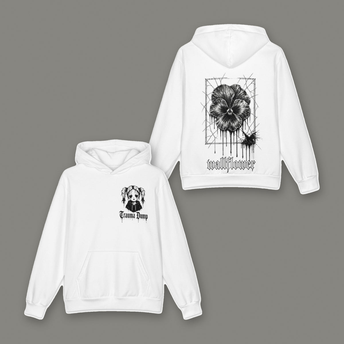 Wallflower Oversized Cotton Hoodie in white by Trauma Dump, pressed flower tattoo-style gothic graphic