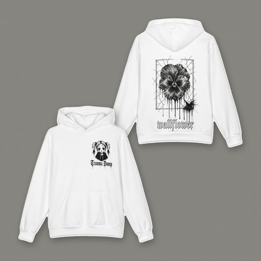 Wallflower Oversized Cotton Hoodie in white by Trauma Dump, pressed flower tattoo-style gothic graphic