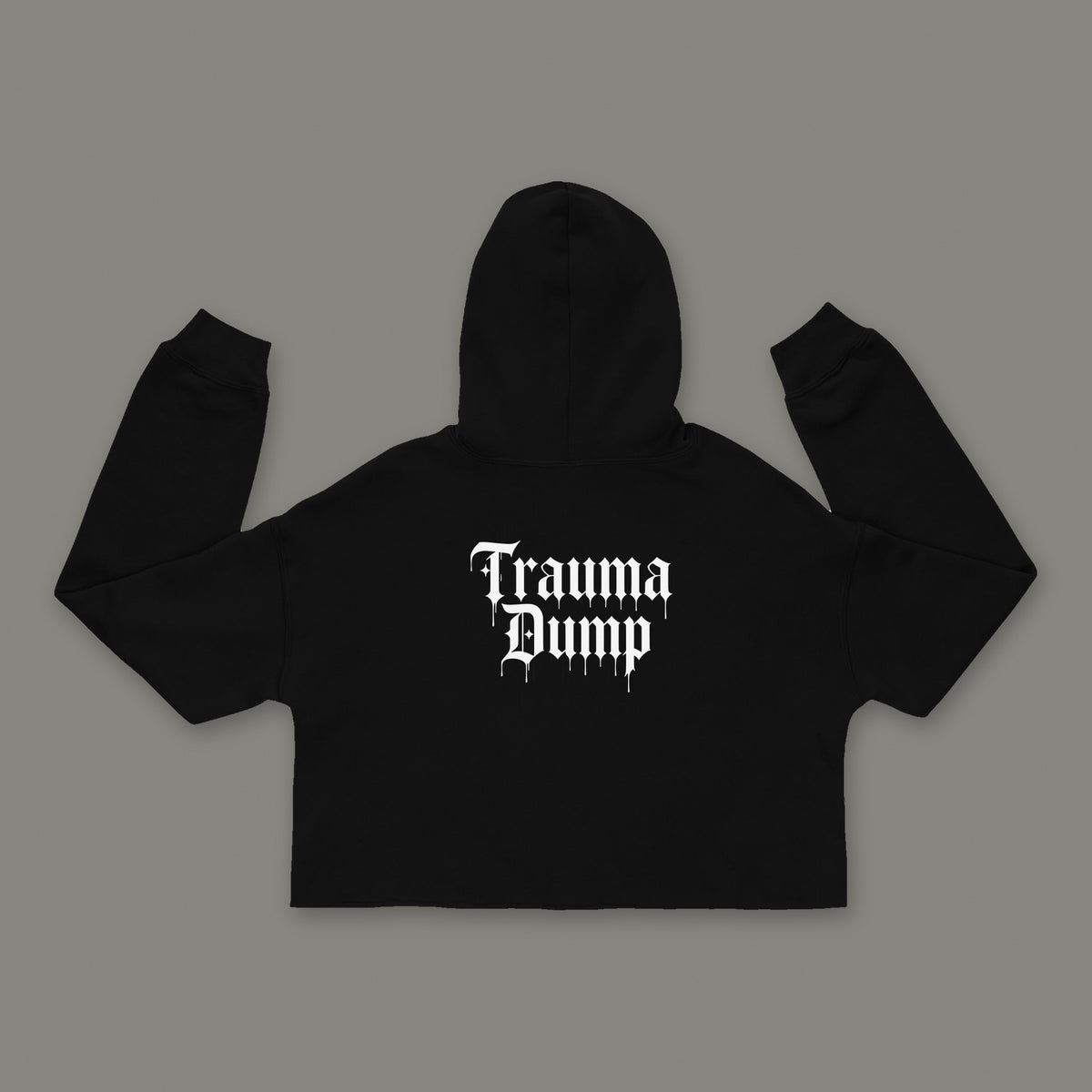 Wallflower Cropped Hoodie by Trauma Dump, black goth cropped hoodie back with Trauma Dump gothic logo (Black, white ink)