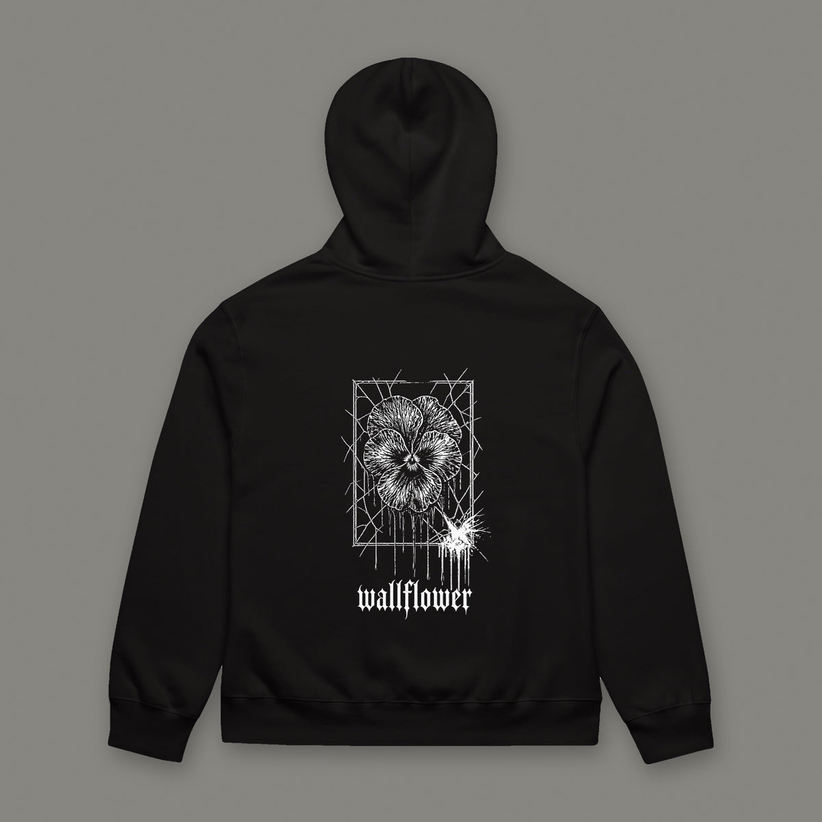 Wallflower Oversized Heavyweight Hoodie in black by Trauma Dump, oversized black goth hoodie back with pressed flower print in white ink (Black, white ink)
