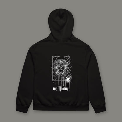 Wallflower Oversized Heavyweight Hoodie in black by Trauma Dump, oversized black goth hoodie back with pressed flower print in white ink (Black, white ink)