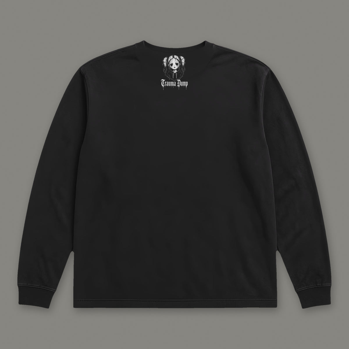 Wallflower Long Sleeve Tee in black, back view with doll portrait logo under the collar (Black, white ink)