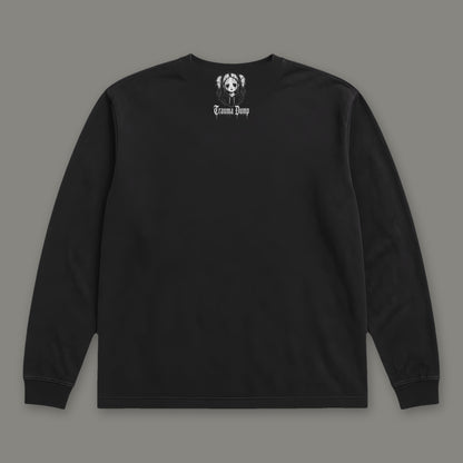 Wallflower Long Sleeve Tee in black, back view with doll portrait logo under the collar (Black, white ink)
