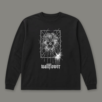 Wallflower Long Sleeve Tee in black, front view (Black, white ink)