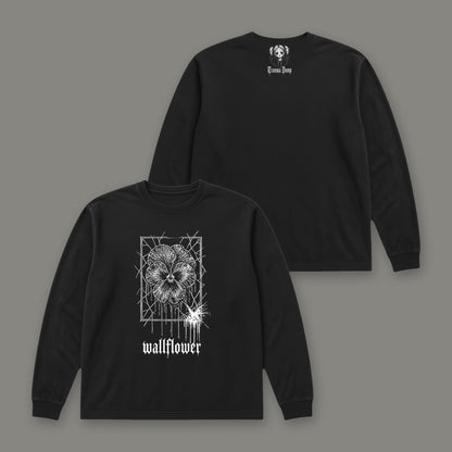 Wallflower Long Sleeve Tee in black, front and back view (Black, white ink)