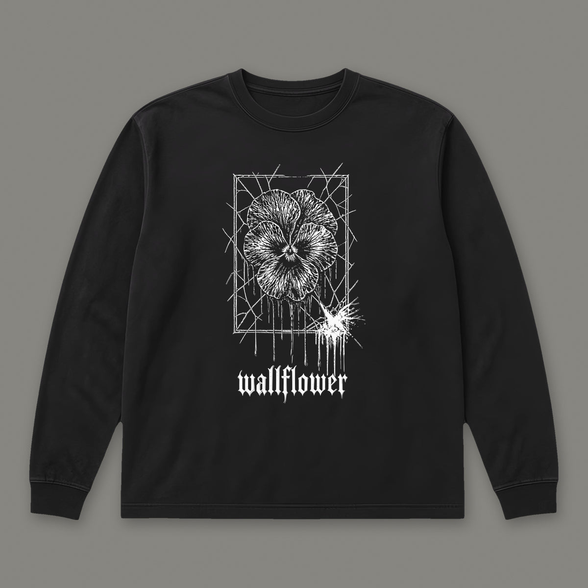 Wallflower Long Sleeve Tee in black, front view (Black, white ink)