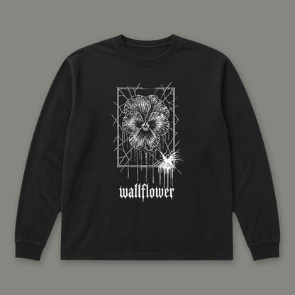 Wallflower Long Sleeve Tee in black, front view (Black, white ink)