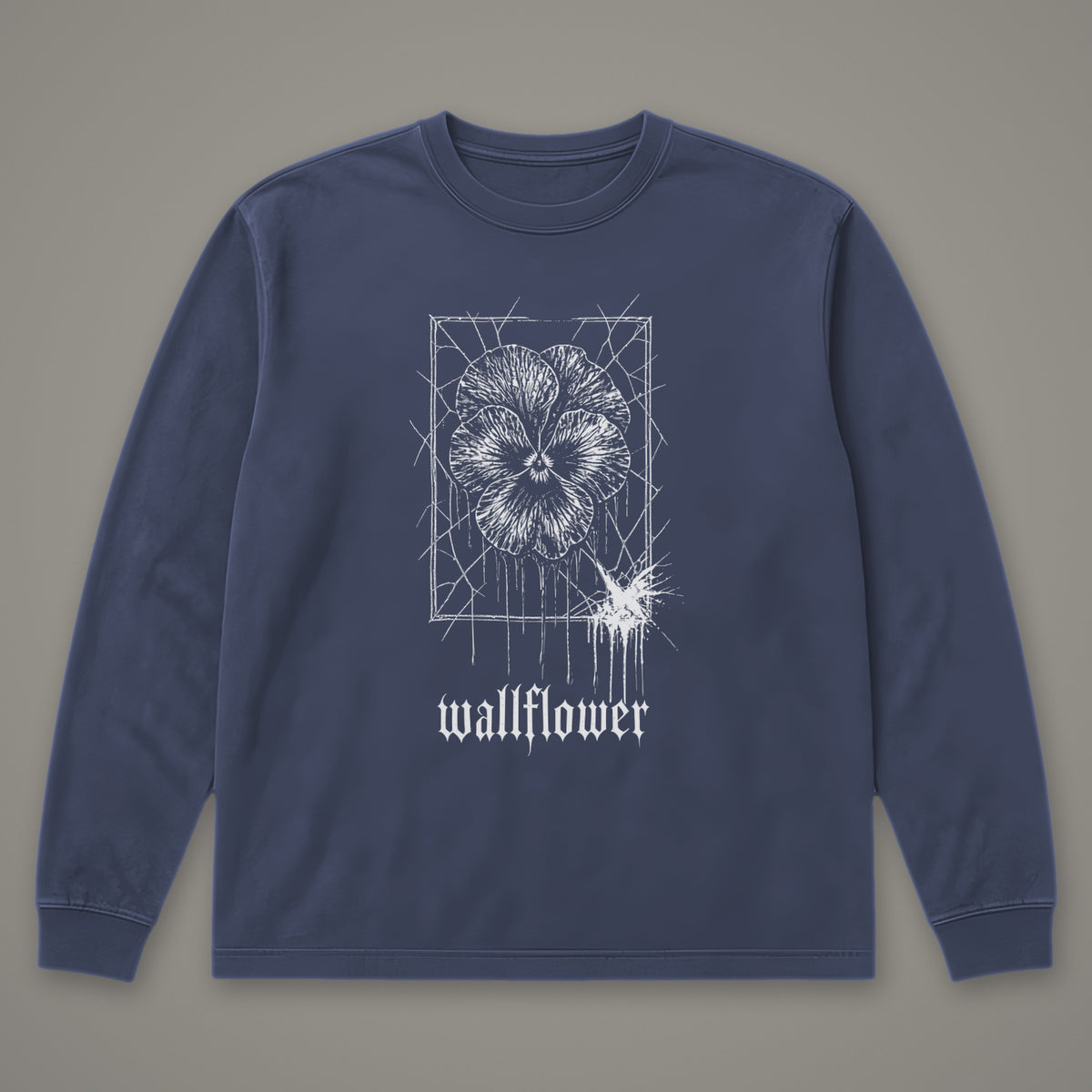 Wallflower Long Sleeve Tee in navy, front view (Navy, white ink)