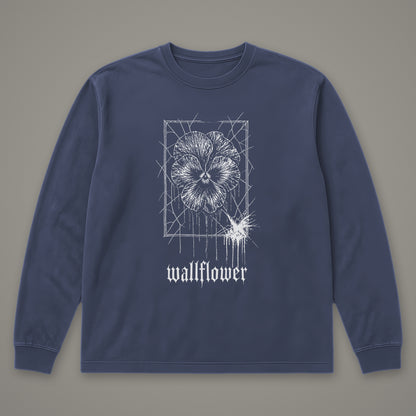 Wallflower Long Sleeve Tee in navy, front view (Navy, white ink)