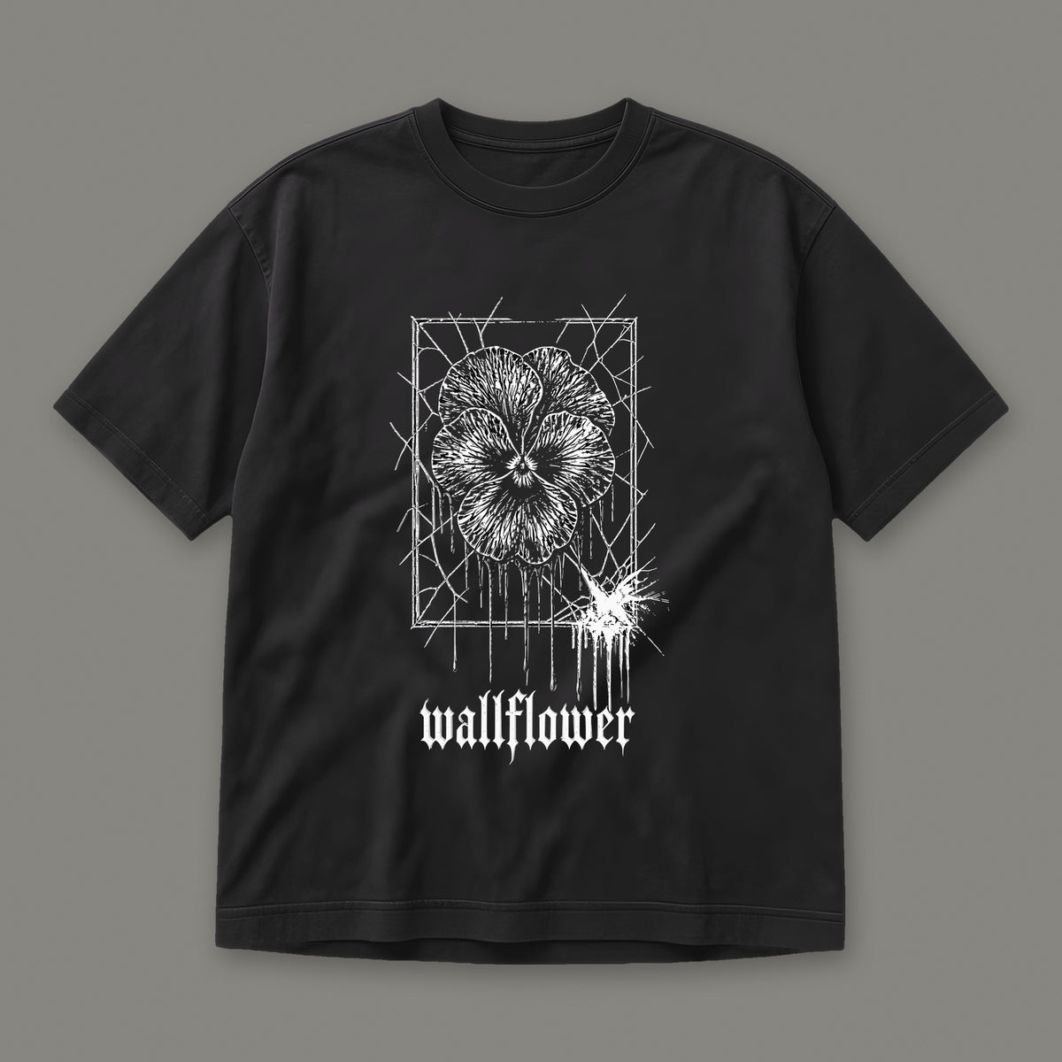 Wallflower Men's Heavyweight Tee in black by Trauma Dump, pressed flower tattoo-style gothic graphic in white ink (Black, white ink)