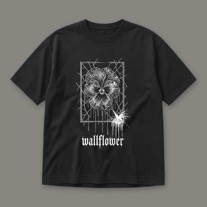 Wallflower Men's Heavyweight Tee in black by Trauma Dump, pressed flower tattoo-style gothic graphic in white ink (Black, white ink)
