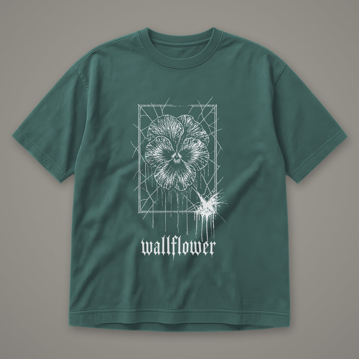 Wallflower Men's Heavyweight Tee in blue spruce by Trauma Dump, pressed flower tattoo-style gothic graphic in white ink (Blue Spruce, white ink)