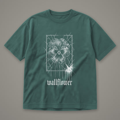 Wallflower Men's Heavyweight Tee in blue spruce by Trauma Dump, pressed flower tattoo-style gothic graphic in white ink (Blue Spruce, white ink)