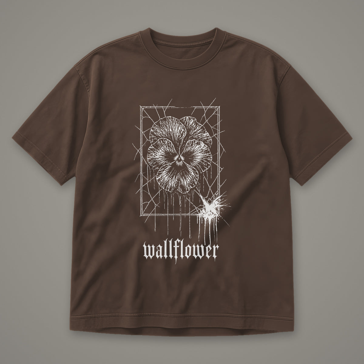 Wallflower Men's Heavyweight Tee in espresso by Trauma Dump, pressed flower tattoo-style gothic graphic in white ink (Espresso, white ink)