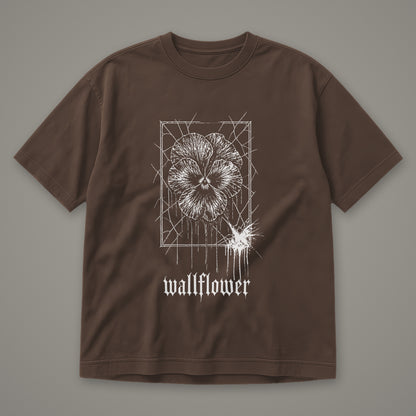 Wallflower Men's Heavyweight Tee in espresso by Trauma Dump, pressed flower tattoo-style gothic graphic in white ink (Espresso, white ink)